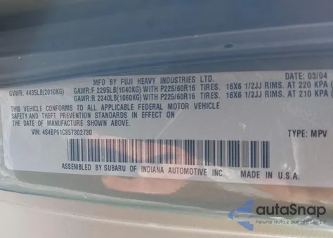 2005 Subaru Outback 2.5I z USA, uszkodzony, nr VIN 4S4BP61C857302730